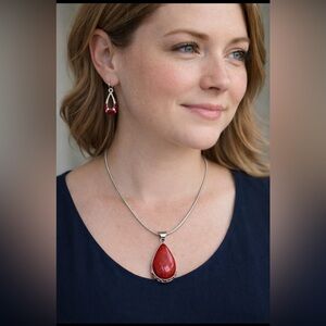 925 Sterling SilverRed Coral JewlrySet,
original box Necklace & Earrings,20Inch